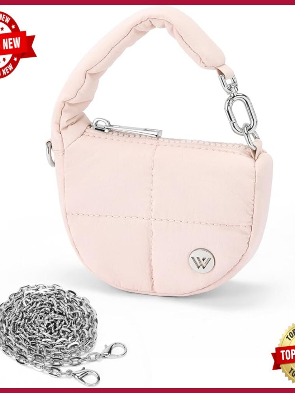 Mini Quilted Puffer Shoulder Bag, Nylon Wristlet Coin Pouch, Crescent Shape